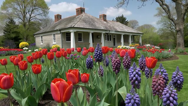 Display of Red Tulips and Purple Grape Hyacinths in a Spring Garden Setting with a Decorative