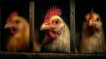 Close-up of chickens inside a cage, representing poultry farming, egg production, and livestock agriculture