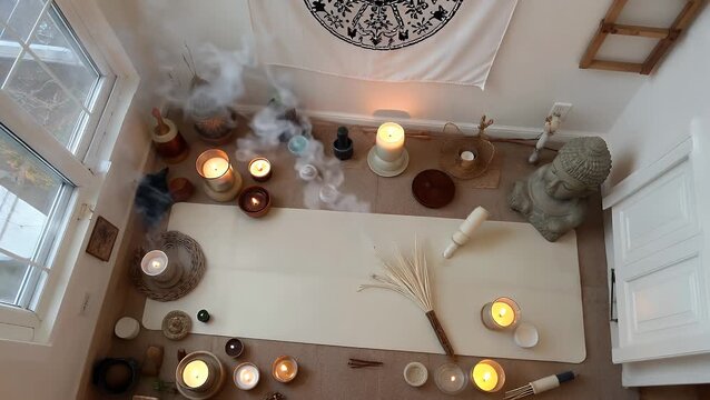 Serene Space for Mindfulness Practice Featuring Illuminated Candles and Purifying Smoke from a White Sage Wand Alongside a Small Decorative Buddhist Sculpture for Atmosphere and Spiritual