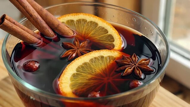 Hot Spiced Christmas Beverage Known as Mulled Wine or Gluhwein Simmering with Citrus and
