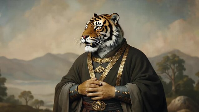 Vintage Style Artistic Graphic Portrait of a Masculine Figure Dressed in Formal Attire Featuring the Head of a Tiger Rendered with Soft Oil Painting