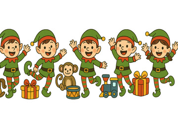 Fototapeta premium Cheerful cartoon christmas elves creating festive holiday gifts and toys, spreading joy and celebration, transparent background