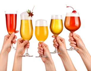 Woman hands holding cocktails, champagne and beer glasses isolated on transparent png