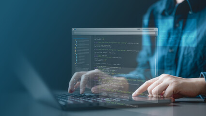 software, development, programmer, coding, Close-up of a software developer typing code on a laptop with a digital interface overlay, symbolizing programming and technology innovation.