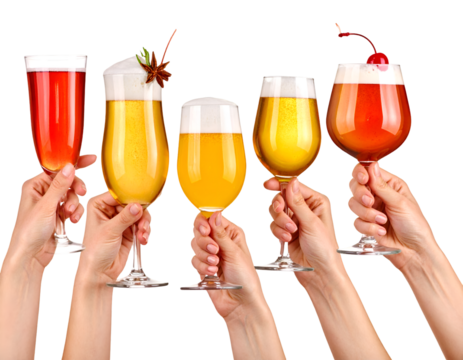 Woman hands holding cocktails, champagne and beer glasses isolated on transparent png