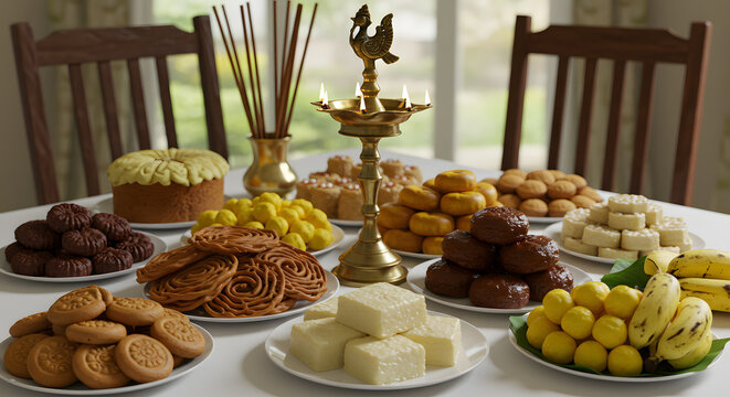 New Year Food Table: Traditional Sinhala & Tamil Aluth Avurudu Kema Mesaya, Brass Lamp, Auspicious Feast, Sri Lankan Culture