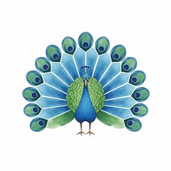 Watercolor illustration of a peacock displaying its vibrant feathers against a clean white backdrop. Soft, painted look