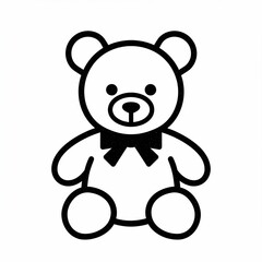 A simple, black-outlined teddy bear sits upright, featuring a bow tie and button eyes on a stark white background