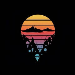 A stylized retro graphic depicts a sunset above mountains and a fragmented land mass with a diamond-like element at the bottom