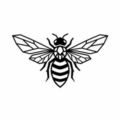 Black and white line art depicting a geometric bee in flight, with detailed wings and striped abdomen