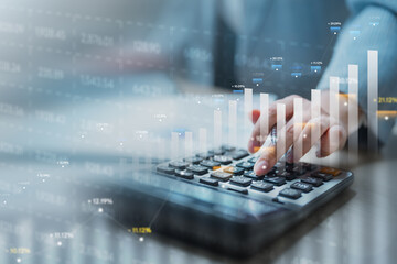 analysis, finance, accounting, profit, growth, Business person using calculator with financial...