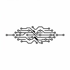 Black and white illustration of an abstract circuit board design with interconnected lines and circular nodes