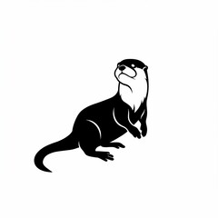Silhouette of a curious river otter, black and white, gazing upwards with a sleek, minimalist style. Clean design, simple lines
