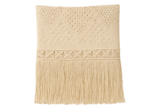 Macrame wall hanging with fringe, isolated on transparent