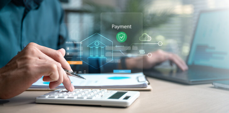 banking, finance, loan, credit, interest, fintech, deposit, Digital banking concept with holographic payment interface, calculator, and laptop representing online finance and fintech.