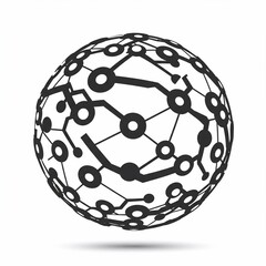 A spherical graphic shows interconnected nodes and lines, creating a circuit-like pattern. Shadows suggest a 3D effect
