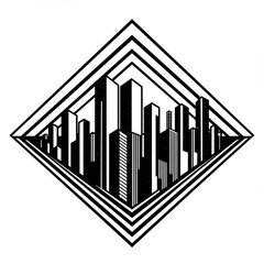 Stylized, geometric cityscape within a diamond frame, black and white, lines and shapes creating a modern urban view