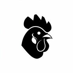 Silhouetted head of a rooster with a distinctive comb, wattle, and beak. Simple black and white design on white background