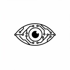 A stylized eye graphic with a circuit board overlay, combining human vision with technology in monochrome