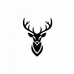 A stylized black and white illustration of a deer head facing forward, showcasing antlers and a symmetrical design