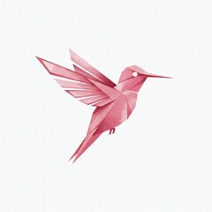 A stylized pink bird in mid-flight, rendered in geometric shapes with a watercolor effect, set against a white backdrop