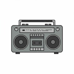 Flat, frontal illustration of a retro grey boombox with speakers, cassette deck, and handle. It has buttons and dials on a white background