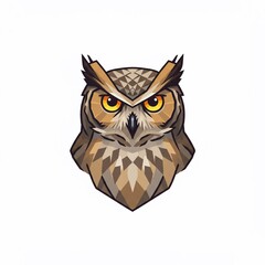 A stylized, geometric illustration of an owl's head, facing forward with intense yellow eyes, brown and tan feathers, on white