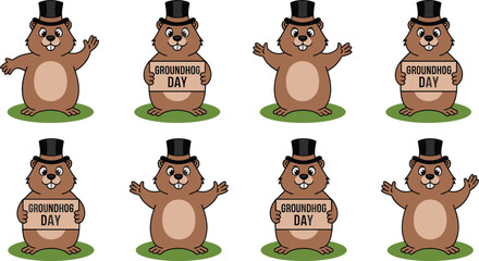 Fototapeta premium Eight Cartoon Groundhogs Wearing Top Hats for Groundhog Day Celebration Illustration Design