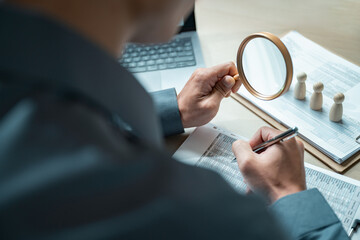recruitment, hiring, hr, Close-up of a person holding a magnifying glass and reviewing candidate...