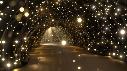 Illuminated Tunnel with Sparkling Lights and Gold Bokeh Effect in Warm Tones