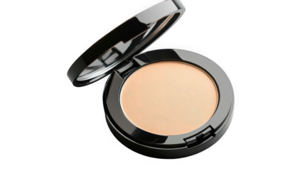Close up of a face powder compact with black casing and lid open on a black background