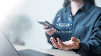 ai, automation, artificial intelligence, A woman using a smartphone with an AI chatbot icon hologram, symbolizing artificial intelligence, automation, and digital assistant technology.