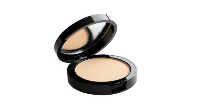 Close up of a makeup compact with powder and a mirror on a black background in studio shot