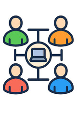 Illustration of diverse people connected to laptop in network layout remote teamwork hub