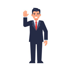 A smiling businessman in a suit raises his hand, greeting someone.