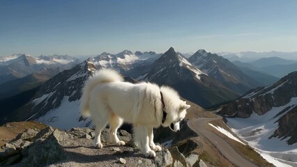 White Samoyed Breed Dog Standing on a Mountain Summit Overlooking a Long Winding Road Through a High Mountain