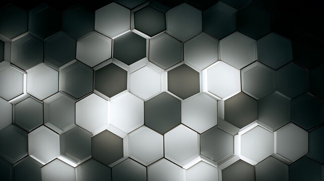 A collection of gray and white hexagons arranged in a pattern with light and shadow effects on the surface