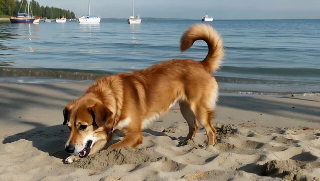 playful dog chasing and biting its own tail while standing on a sandy beach near the water's