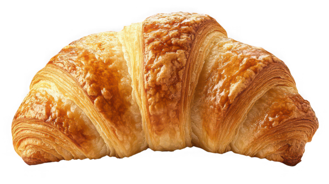 A close up shot of a golden brown croissant with a flaky crust on a black isolated background