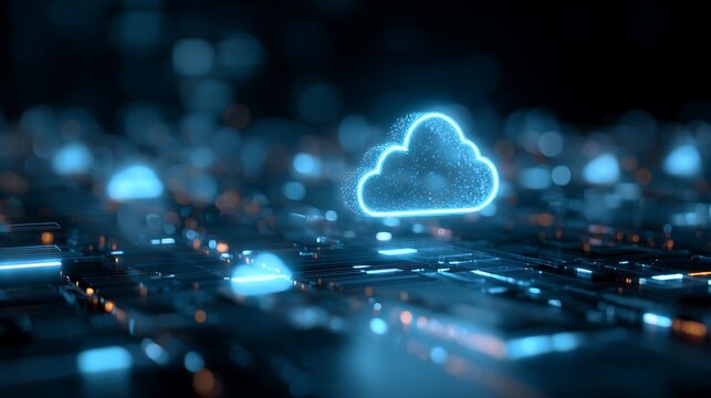 Glowing cloud icon on a dark circuit board representing cloud computing and data storage technology