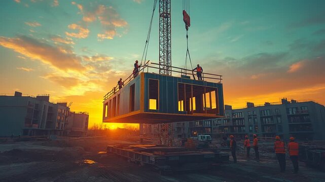 Construction workers lifting modular building at sunset