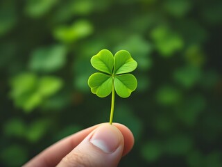 finger delicately holding a small, vibrant green shamrock or three-leaf clover