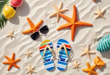 Beach vacation essentials laid out on sandy shore with starfish and sunglasses