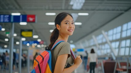 Smiling young Asian woman with a colorful backpack confidently navigates a bustling airport terminal, eagerly anticipating her next travel adventure and new experiences