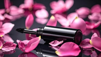 Close-up of a premium black mascara tube nestled among scattered vibrant pink flower petals, creating a serene and elegant beauty product still life presentation - Powered by Adobe