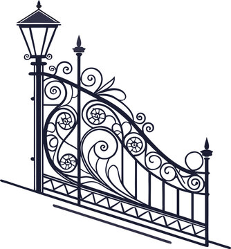 Forged fence. Gothic door, vector design. Decorative garden gate. Metal pattern or iron wicket for garden, castel. Rich ornament. Scroll-work