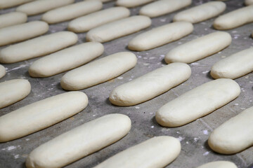 Dough loaves lined up to rise at a bustling bakery plant during working hours