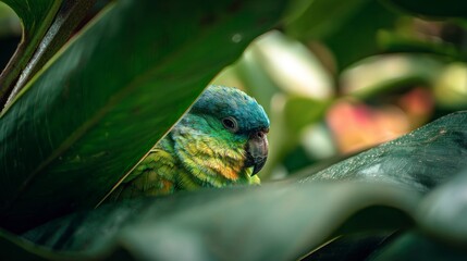 Colorful parrot among lush leaves