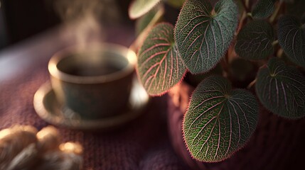 Cozy coffee and plant still life