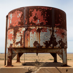 An old, heavily rusted cylindrical water tank with peeling red paint stands in a desolate, arid landscape under a clear sky.
